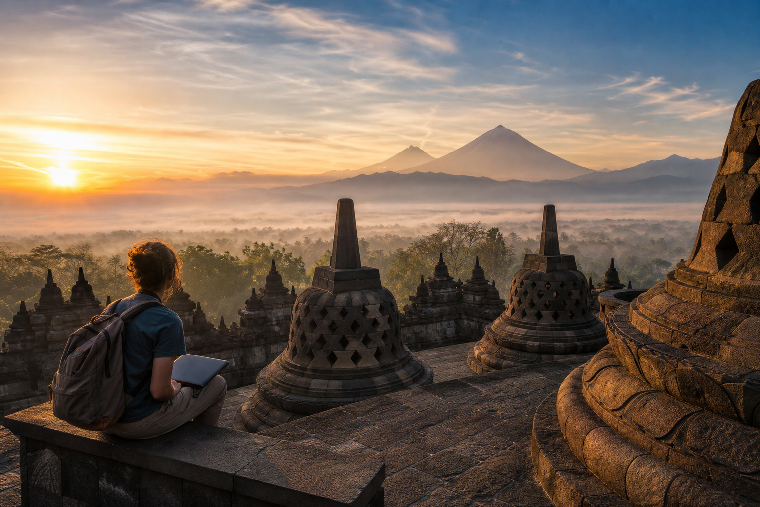 Indonesia — Borobudur stone stupas at sunrise