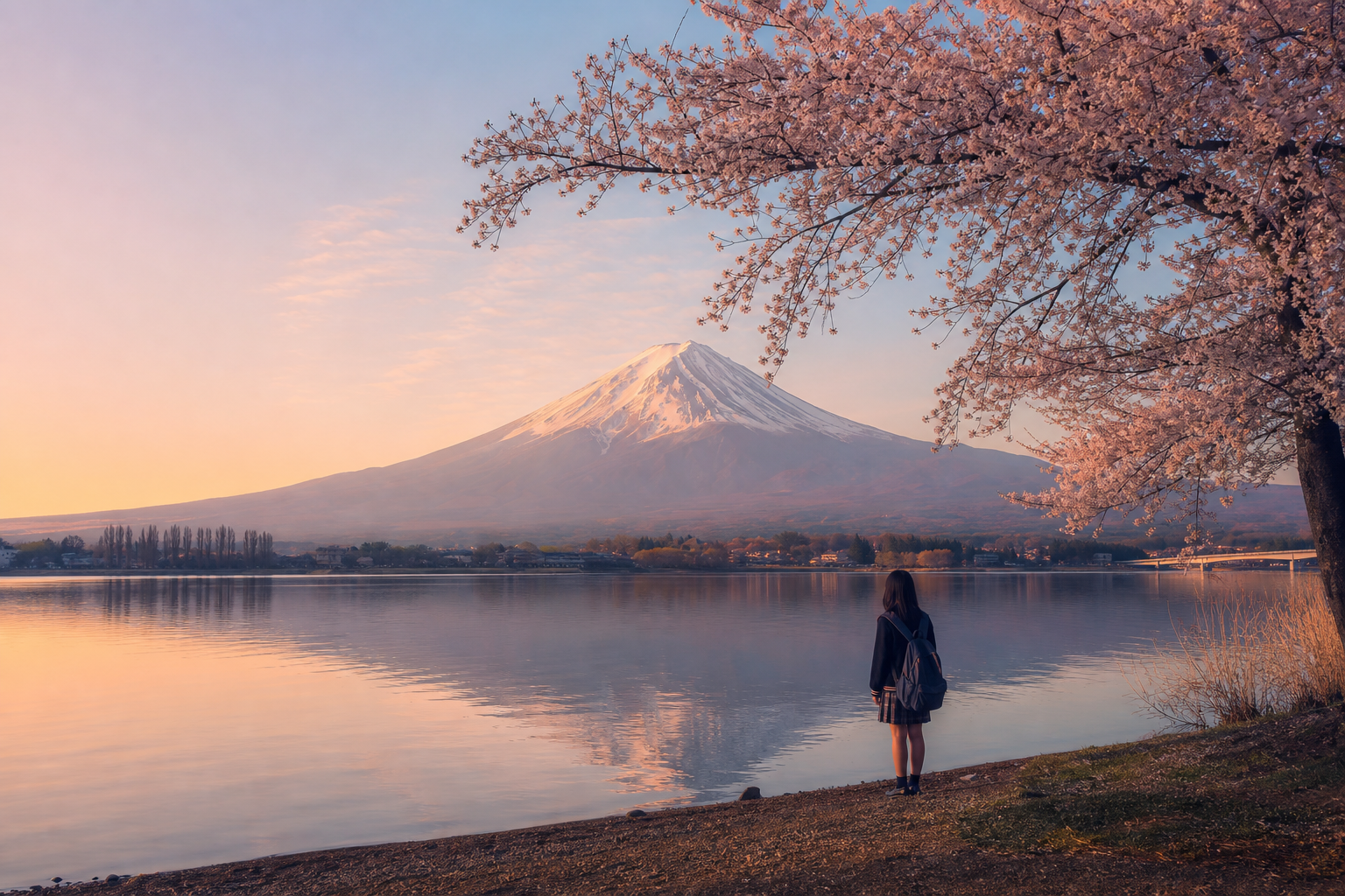 Japan — Mount Fuji snow cap with cherry blossoms