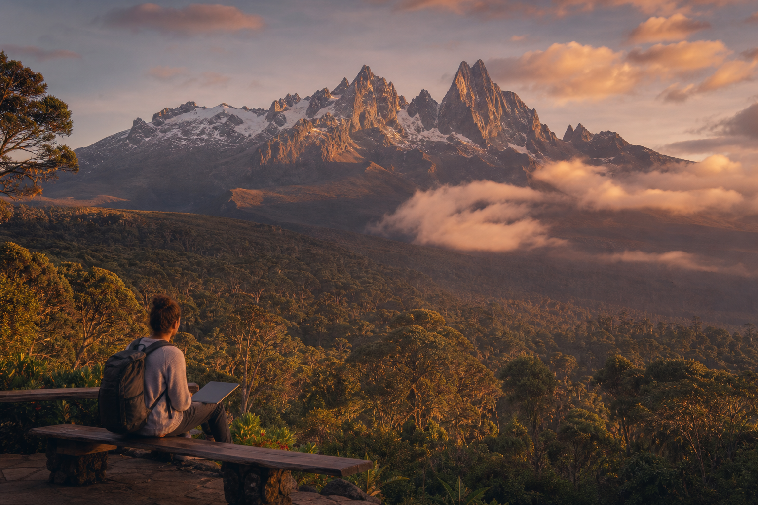 Kenya โ Mount Kenya snow peaks above equatorial forest