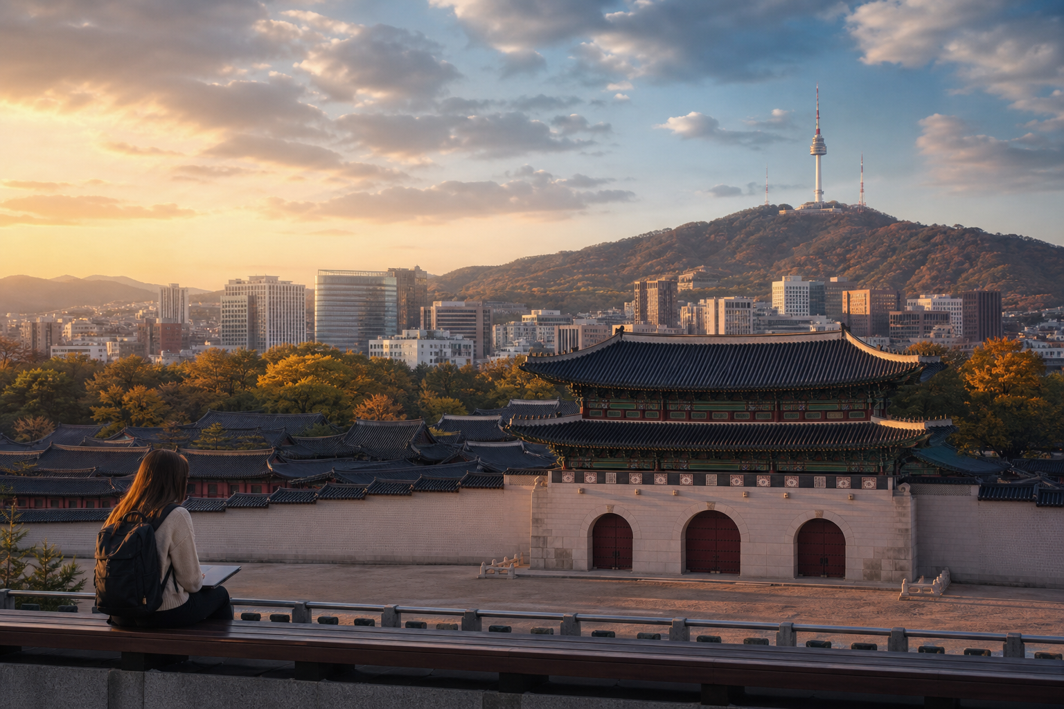 South Korea โ Gyeongbokgung Palace main gate and N Seoul Tower on Namsan