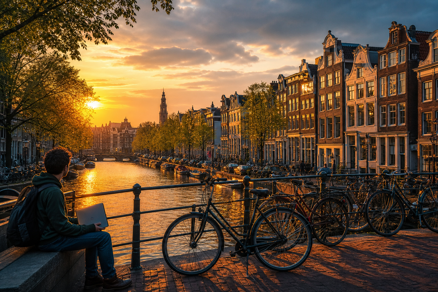 Netherlands — Amsterdam canal ring with narrow gabled houses and bicycles