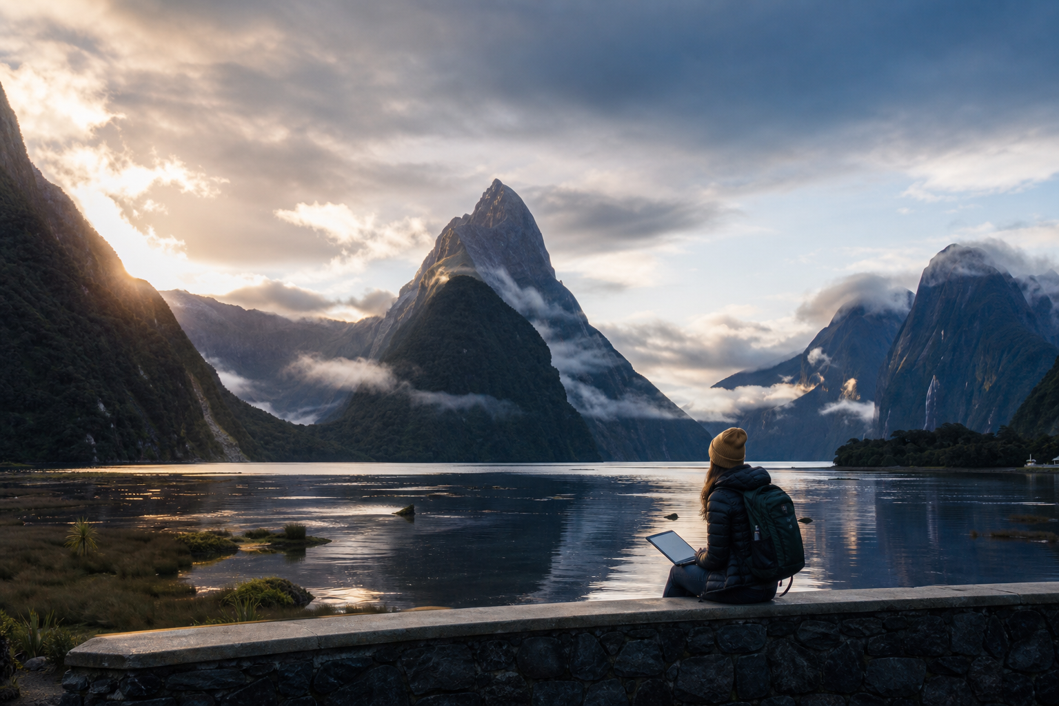 New Zealand — Milford Sound fiord cliffs and Mitre Peak