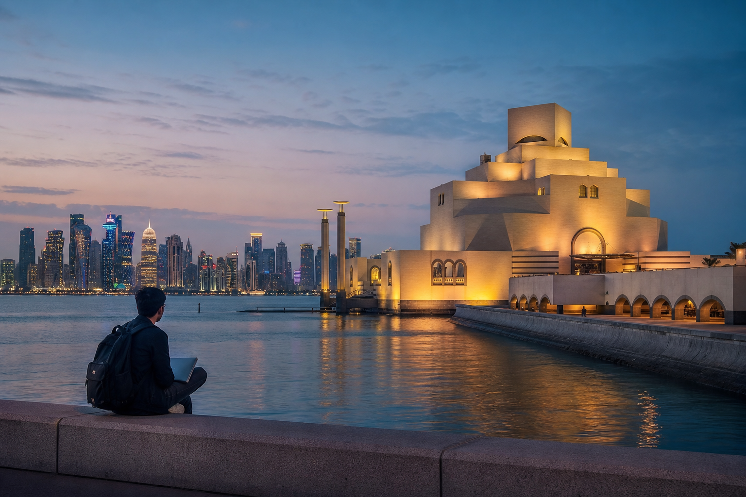 Qatar โ Museum of Islamic Art and Doha West Bay skyline