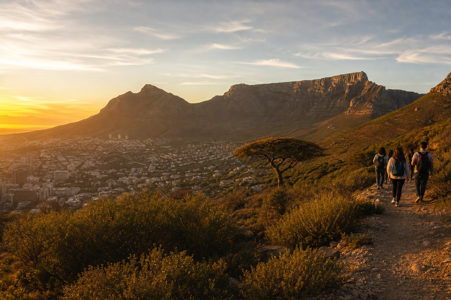 Africa โ Table Mountain above Cape Town with Serengeti acacia savanna foreground