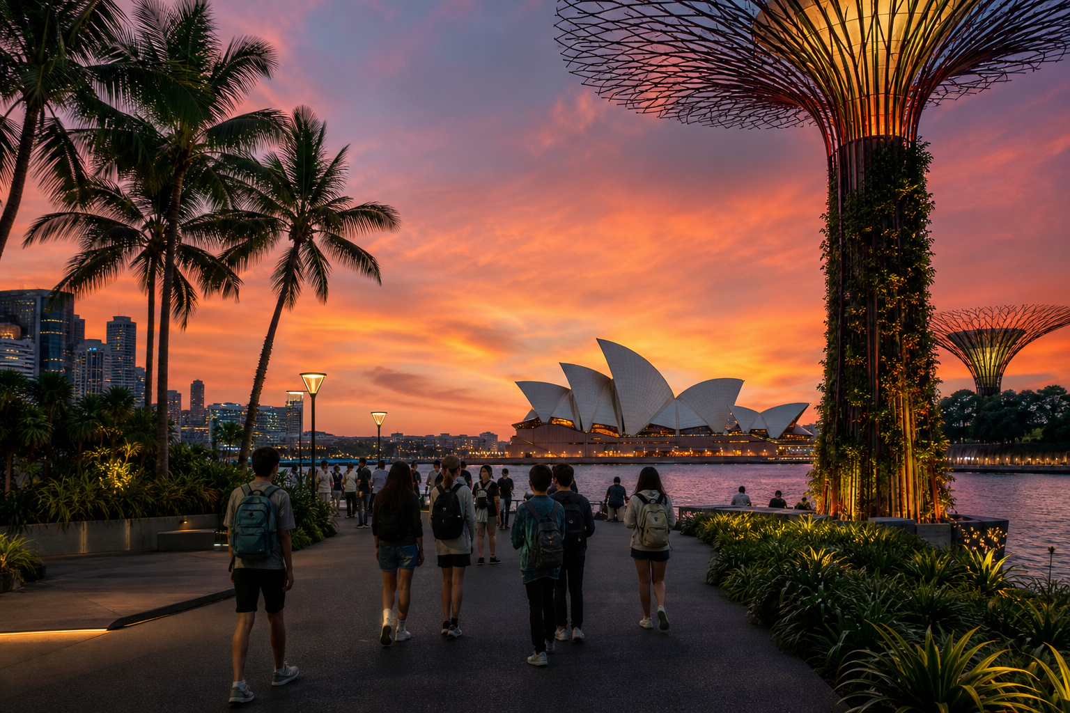 Asia-Pacific โ Sydney Opera House sails beside tropical Asian supertree grove silhouette