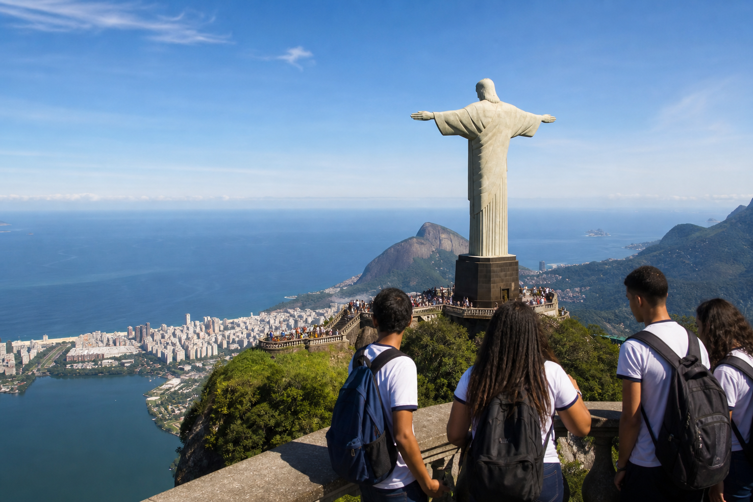 Latin America โ Christ the Redeemer above Rio with Andean peaks in far distance