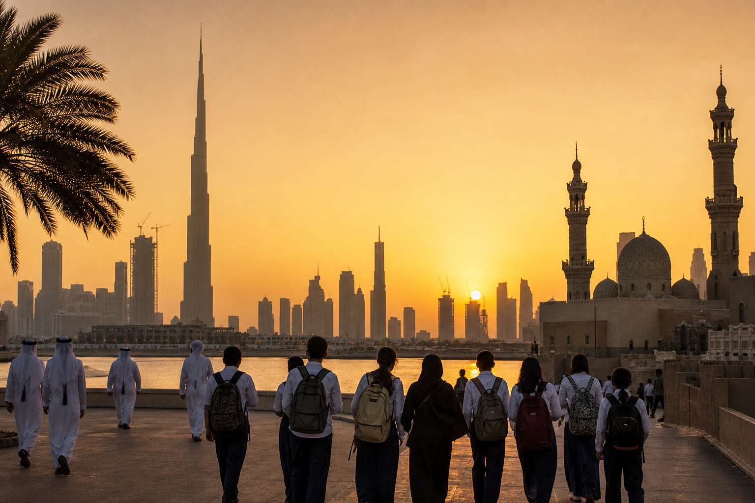 Middle East โ Burj Khalifa needle and desert Gulf skyline with mosque minaret silhouettes