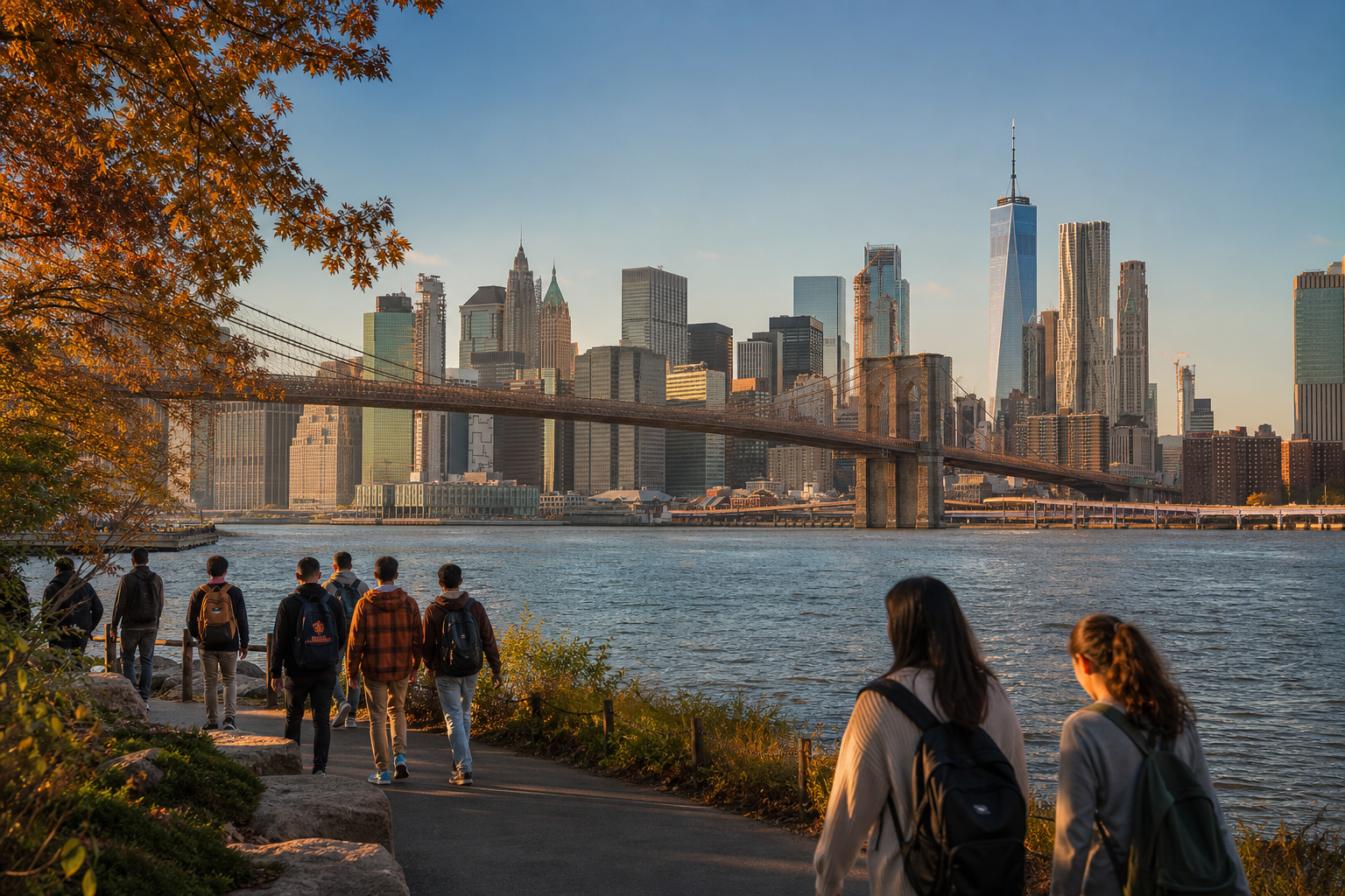 North America โ Manhattan skyline with Brooklyn Bridge and Statue of Liberty in distance