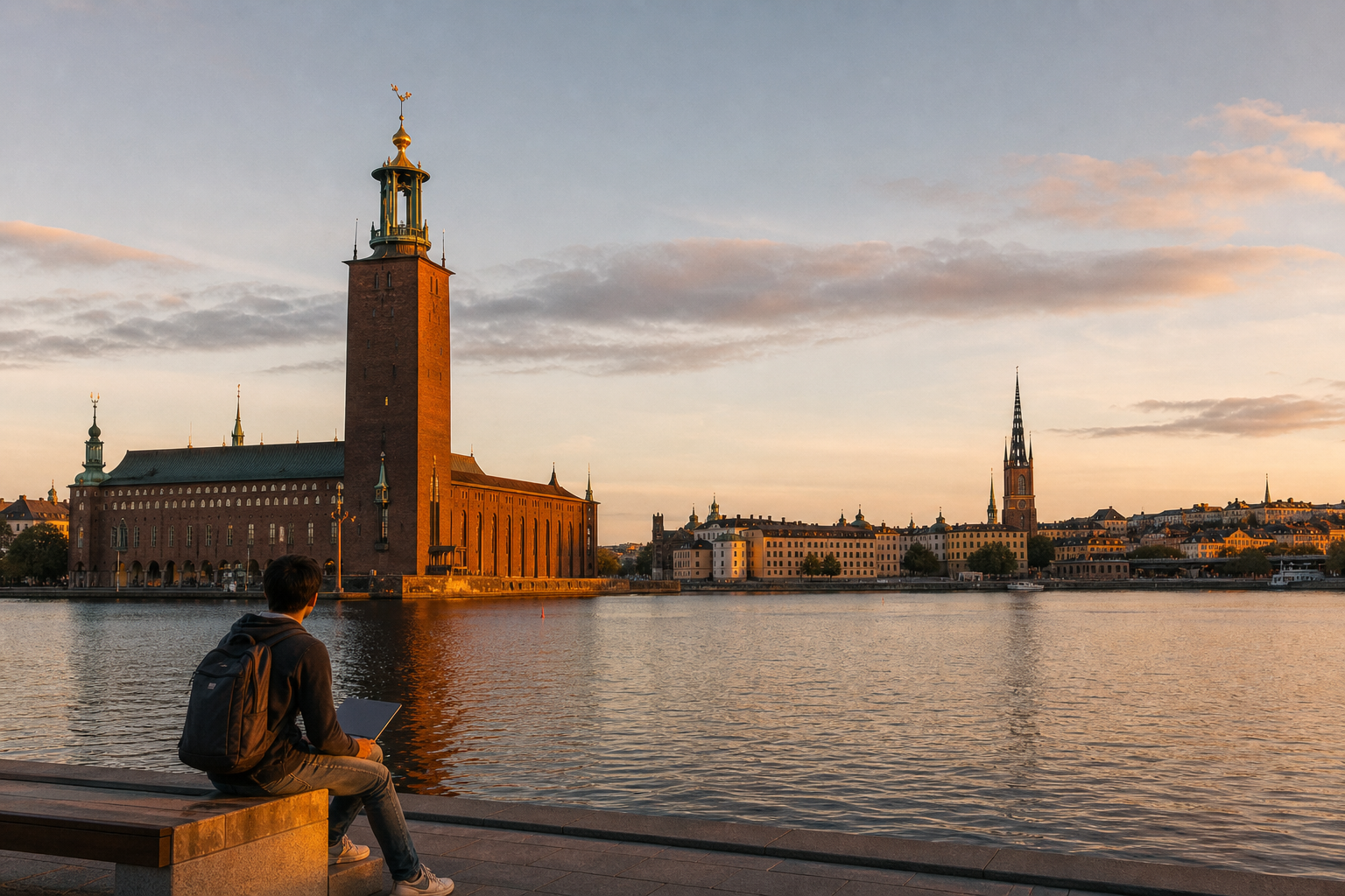 Sweden โ Stockholm City Hall and Gamla Stan across Riddarfjรคrden