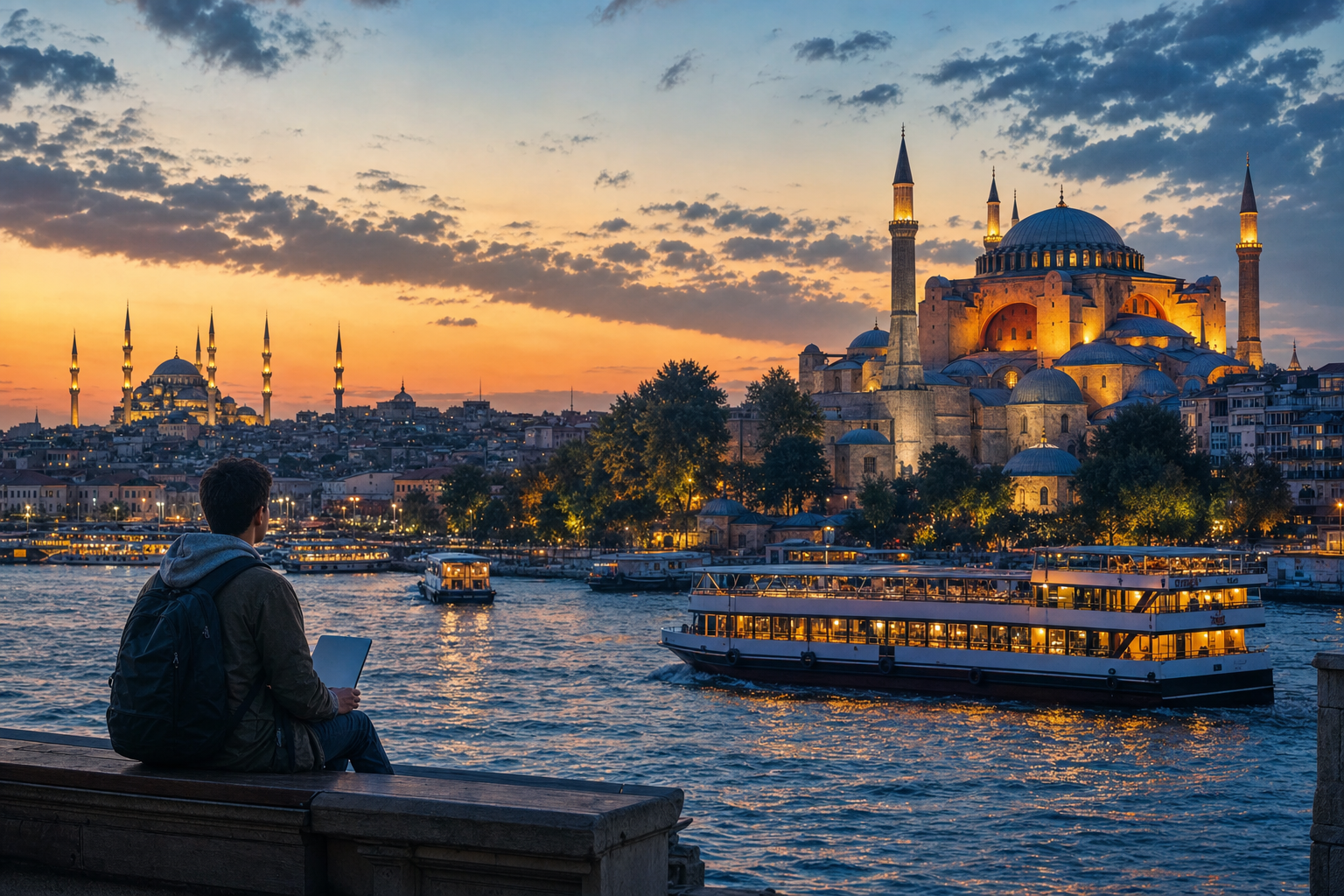 Turkey — Hagia Sophia and Blue Mosque domes across the Golden Horn