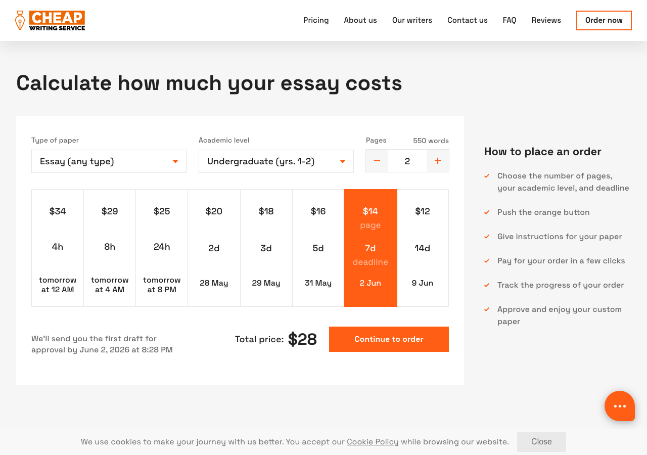 CheapWritingService order form / price calculator