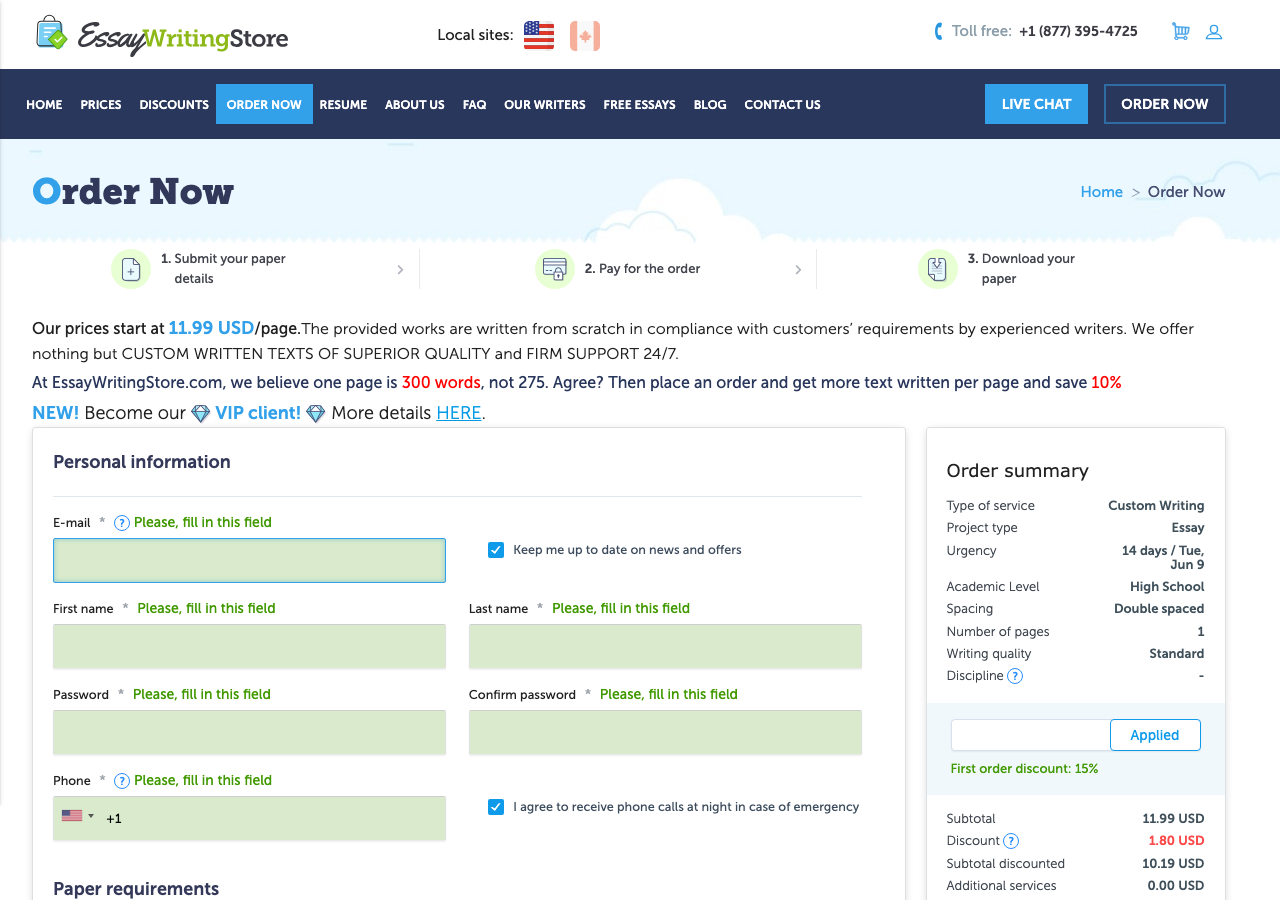 EssayWritingStore order form / price calculator