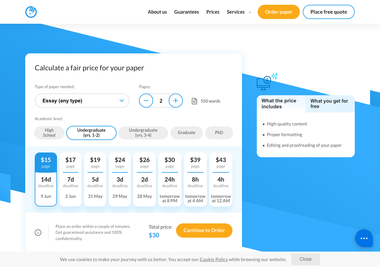 SmartWritingService order form / price calculator