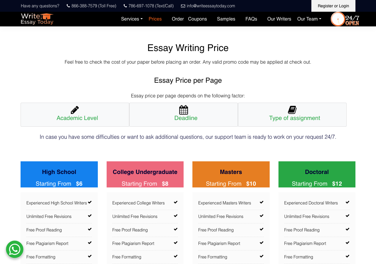WriteEssayToday order form / price calculator