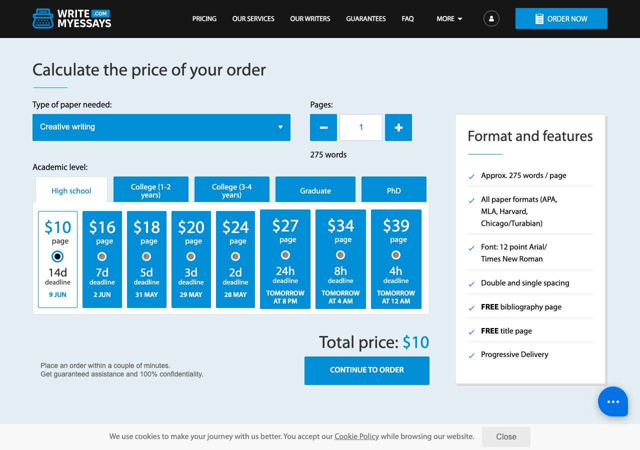 WriteMyEssays order form / price calculator