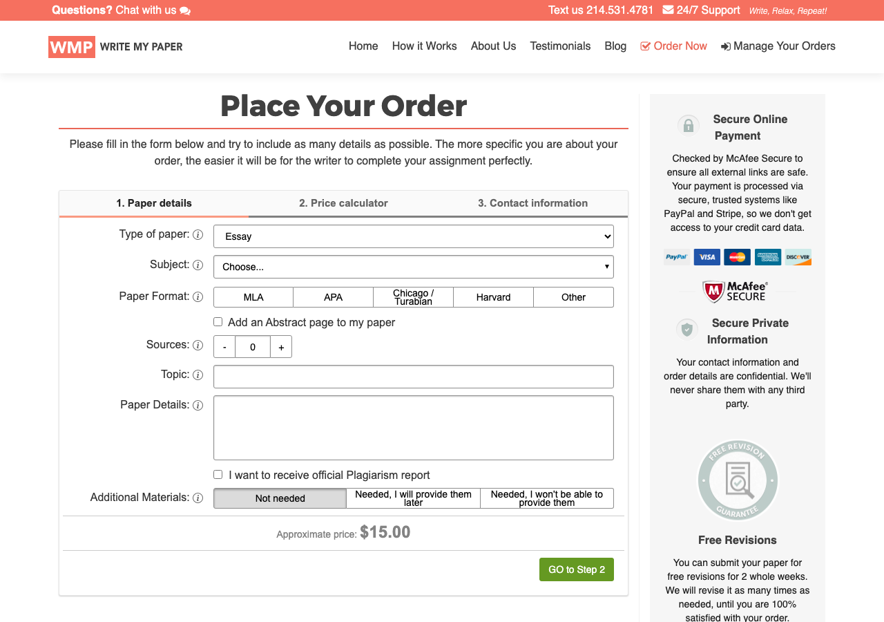 WriteMyPaper order form / price calculator