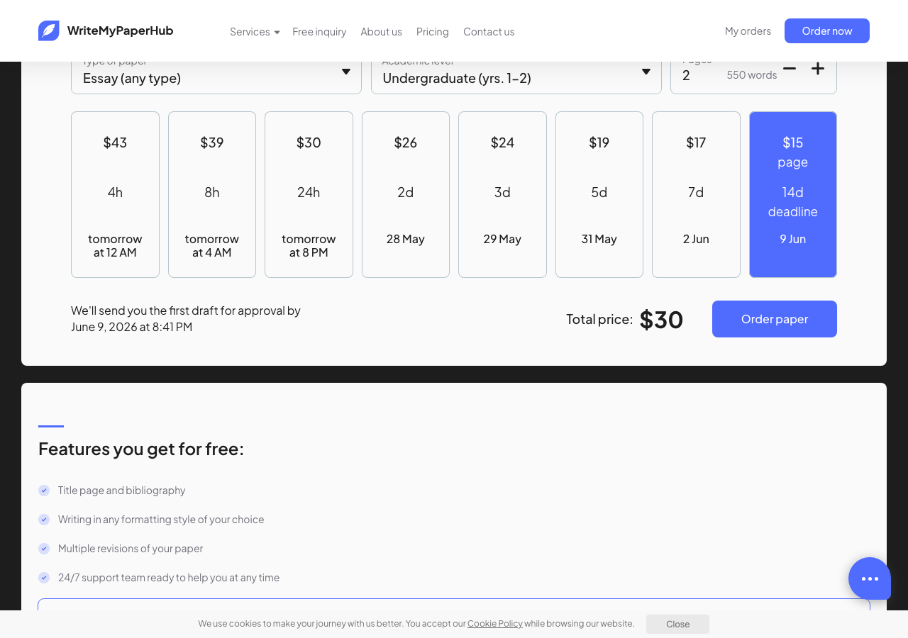 WriteMyPaperHub order form / price calculator